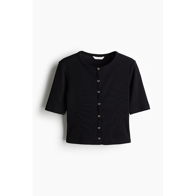 

HM Трикотаж Осень 2025 Новое поступление Кардиган из рубчатого джерси Футболка 1280417 Black 165/96