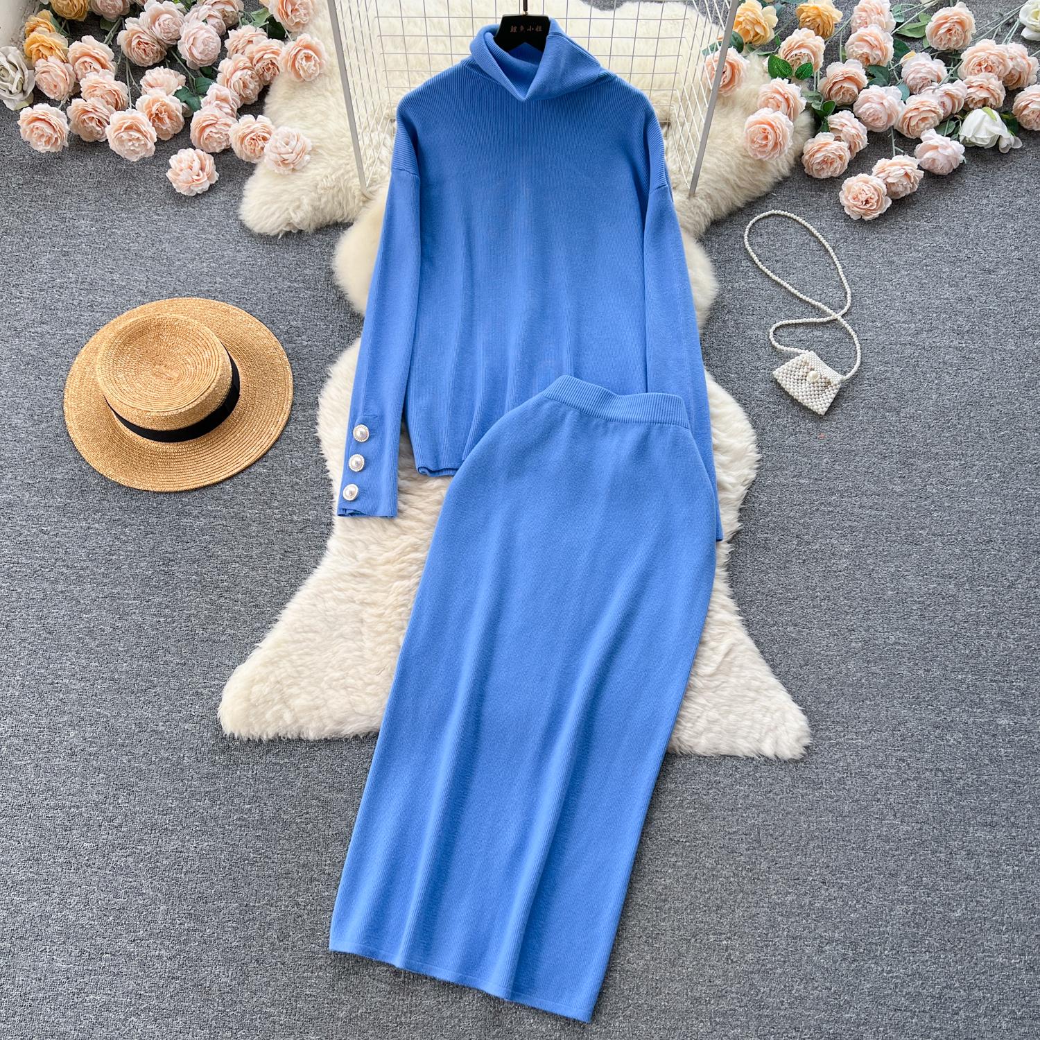 

Зимний отдых, стильный вязаный комплект из двух предметов, женский шикарный пуловер с высоким воротником, макси, облегающая юбка в рубчик, модная одежда, наряд One Size синий