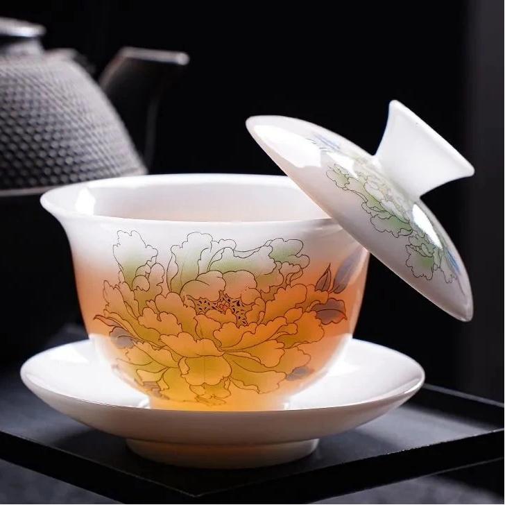 

Цзиндэчжэньский Нефритовый Фарфор Гайвань Чайный Набор с Парящей Крышкой и Блюдцем – Традиционная Китайская Чашка для Чая Кунг-фу I