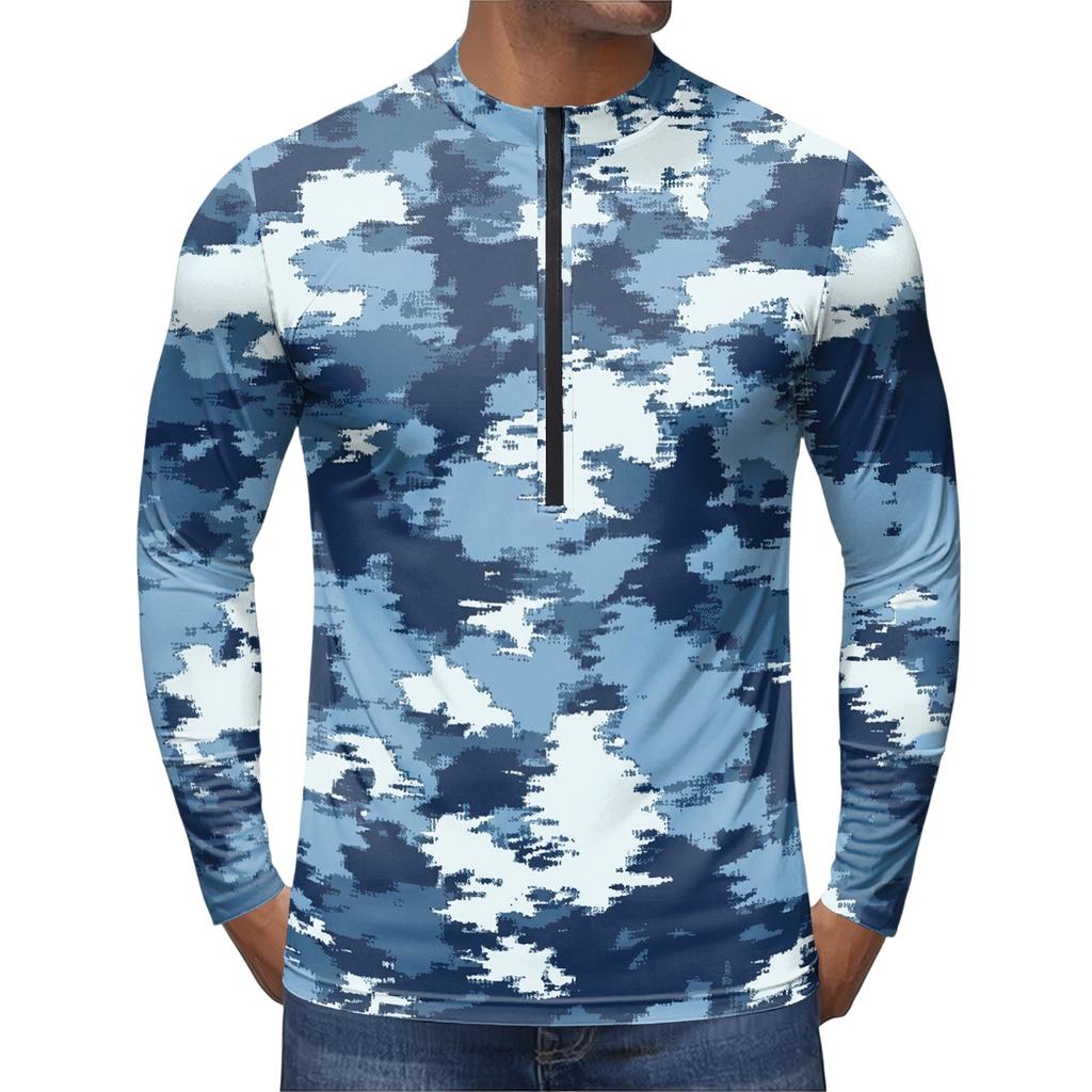 Men’s Crew Neck Printed Zip Breathable Quick Dry Long Sleeve Cycling Jersey with Digital Camouflage Pattern for Outdoor Sports Activities