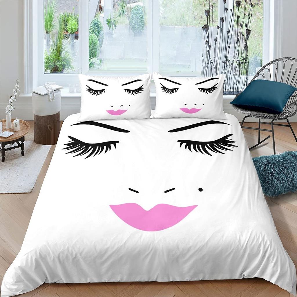 Eyelash King Queen Duvet Cover Cartoon Woman Eyes Bedding Set Watercolor Long Lashes Print Quilt Cover Polyester Comforter Cover