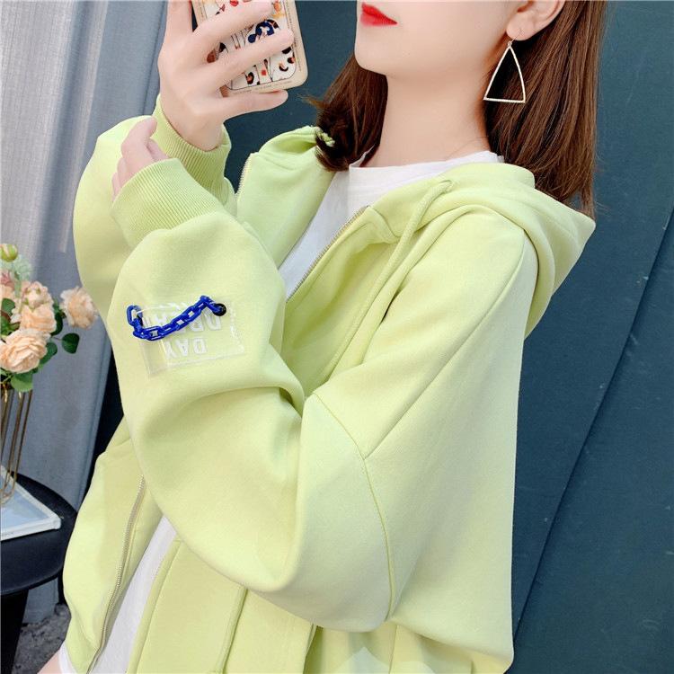 Solid Color Sweatshirt Cardigan Women's Thin Autumn Loose Sweatshirt Jacket Fashionable Long Sleeved Hooded Sweatshirt