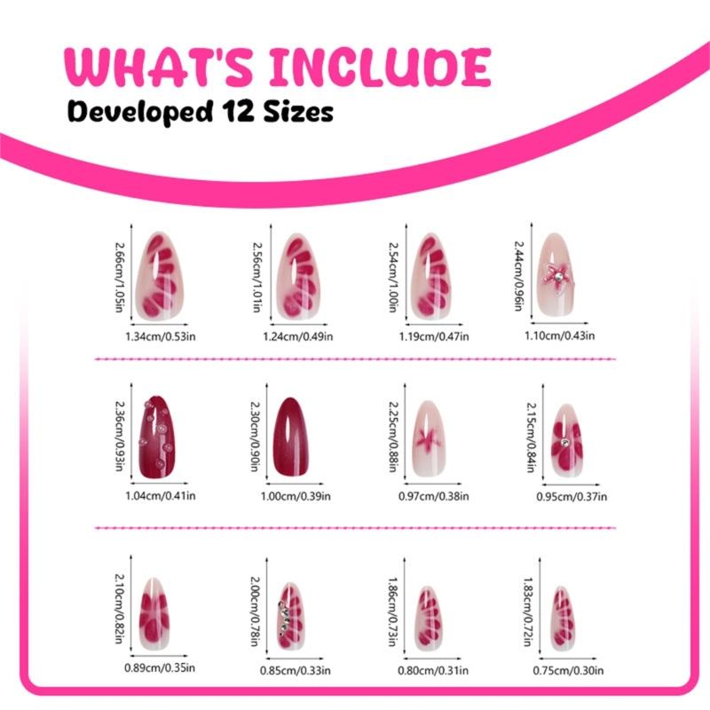 24 Pcs Glossy Full Cover Stick on Nail Almond Shape False Nail 3D Flowers Press On Nail Rhinestones Artificial Nail