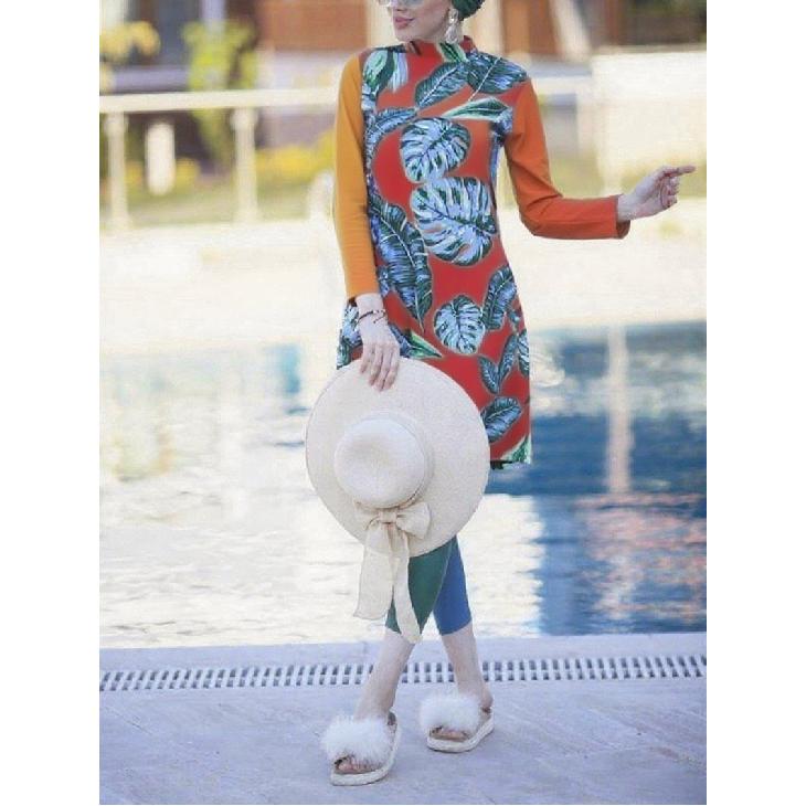 

Комплект з двох предметів з квітковим принтом, мусульманський жіночий скромний купальник для моря з повним покриттям, пляжний одяг, буркині, комплект купальника великого розміру (Без хіджабу) S бежевий