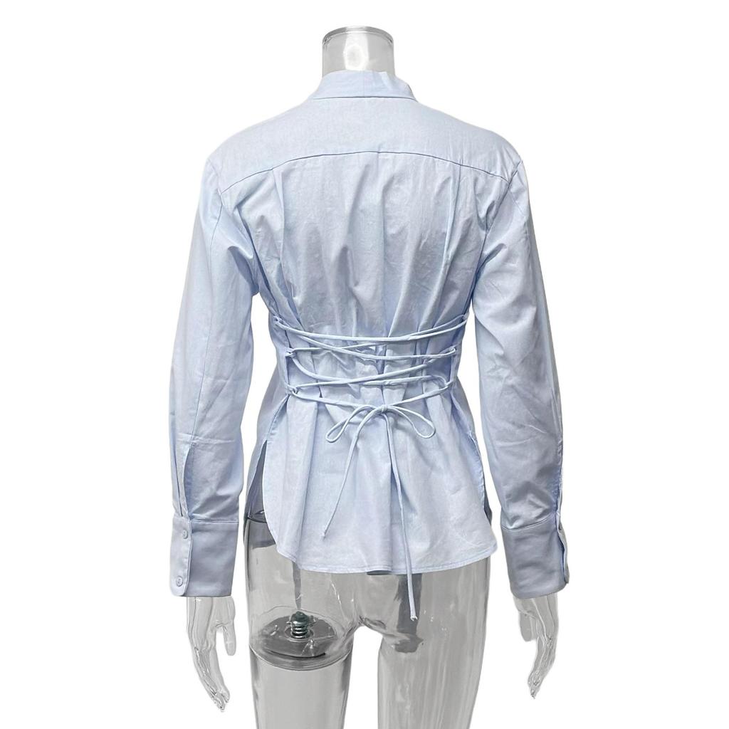 Elegant Women's Lace-Up Woven Shirt - Spring/Autumn French Casual Style