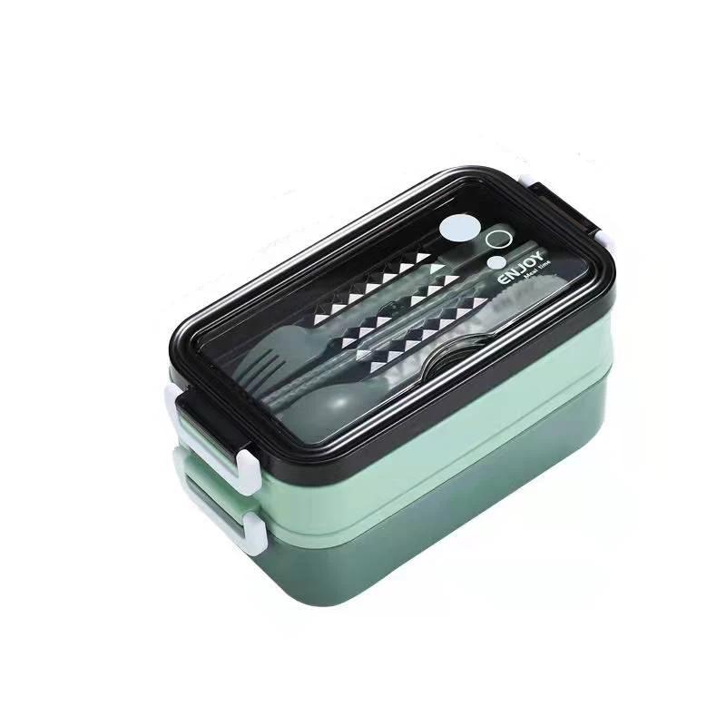 1PC 1400ml Double-layer Lunch Box Portable Compartment Food Box Microwave Lunch Box With Fork Chopsticks And Spoon Picnic Fresh