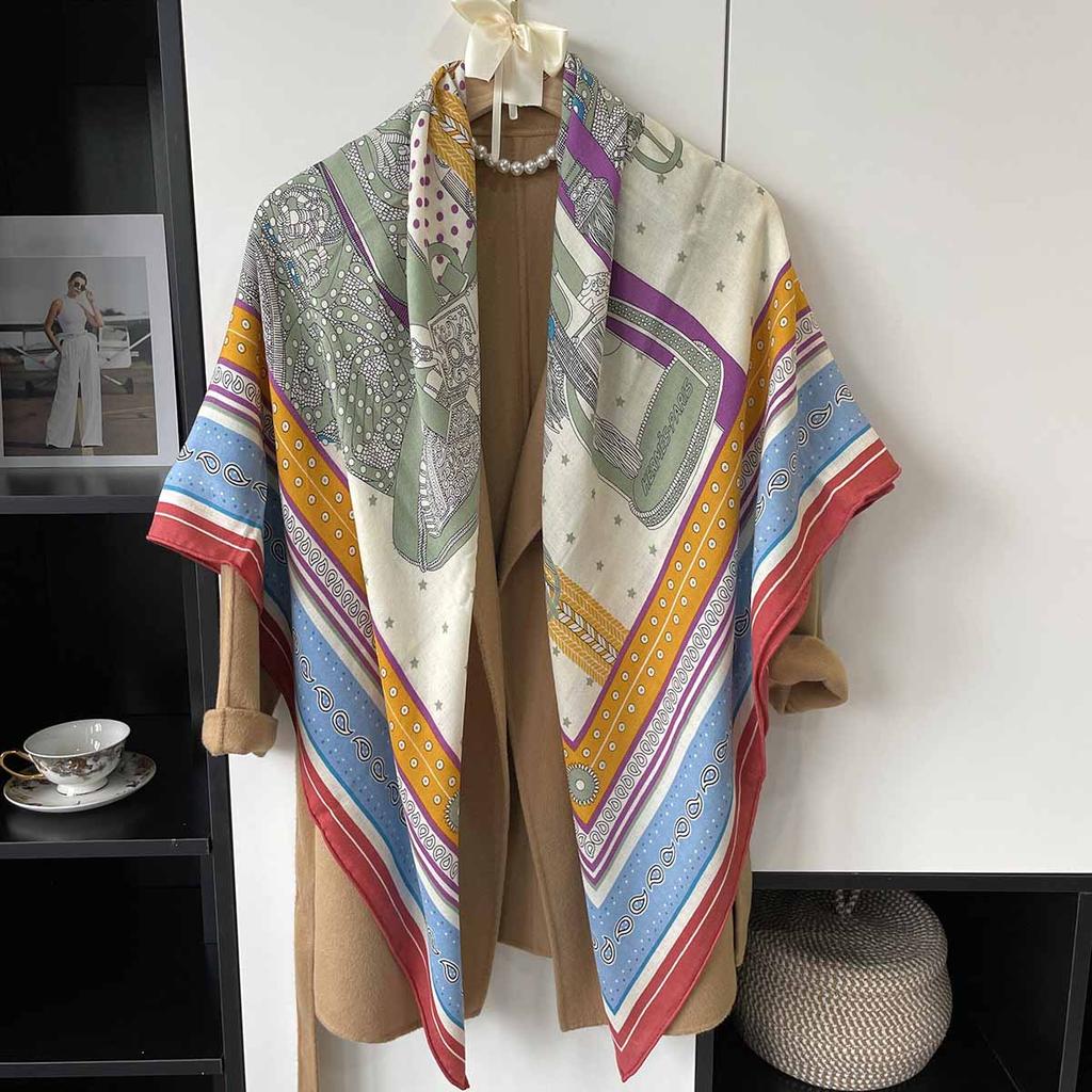 130*130cm 30% Silk +70% Wool Scarf Retro Vintage Luxurious Soft Shawl Large Warm Winter Wrap for Women