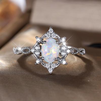 Вишукані кільця з овальним опалом та білим цирконом для жінок, срібного кольору, ажурне кільце на палець, весільна ювелірна прикраса, подарунок