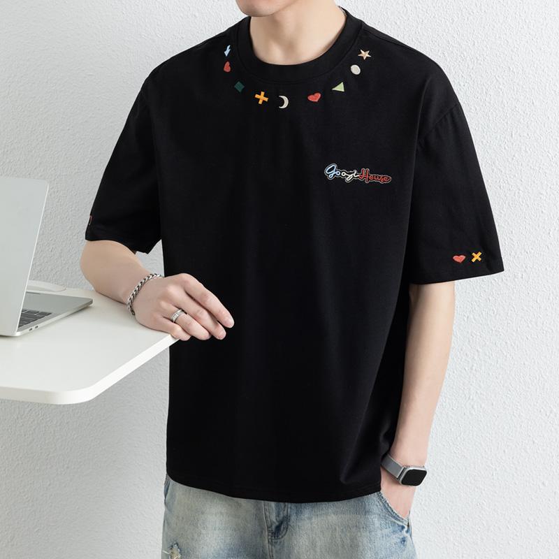T-shirt Men's Spring Loose Five-quarter Sleeve Round Neck Short-sleeved T-shirt