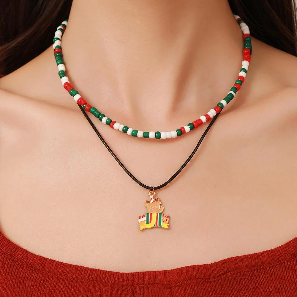 Snowflake Christmas Tree Santa Claus Pendant Chokers Women's Christmas Colorful Beads Necklace Collarbone Chain Xmas Gifts