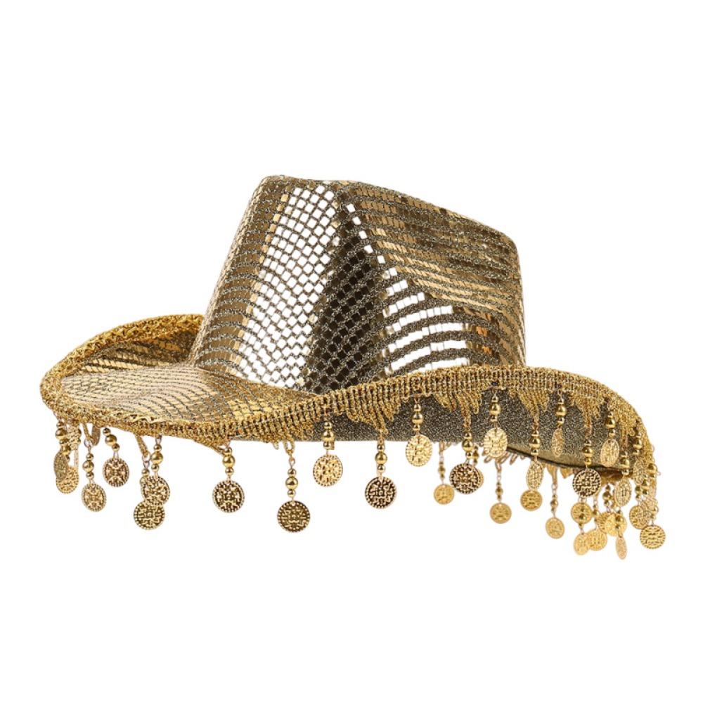 Vintage Shiny Sequin Western Cowboy Hat Gold Sparkle Glitter Jazz Hat Cap Wide Brim Summer Hat Costume Accessories