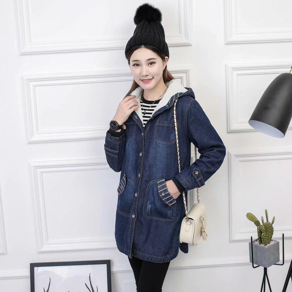 Women's Plus Size Hooded Denim Cotton Coat with Fleece Lining - Korean Style, Mid-Length, for Autumn and Winter.
