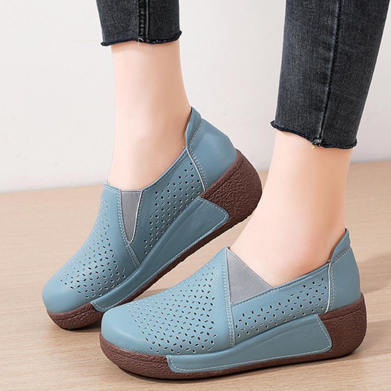 Hollow-out Women PU Leather Casual Shoes Fashion Wedge Heels Platform Shoes Slip-on Loafers Mother Shoes