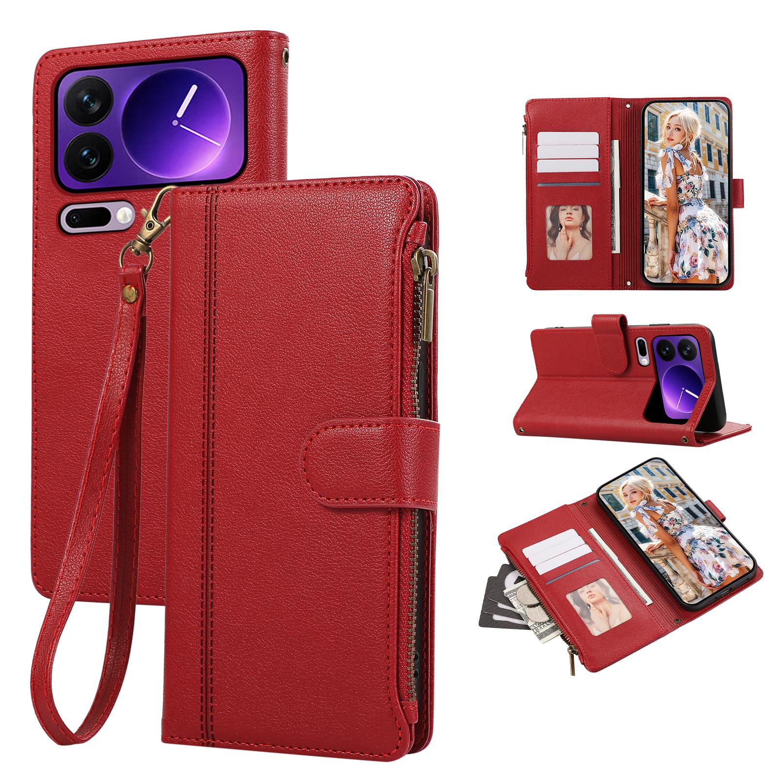 

For Xiaomi 17 Pro Case Multi Card Slots Zipper Leather Phone Cover with Wrist Strap