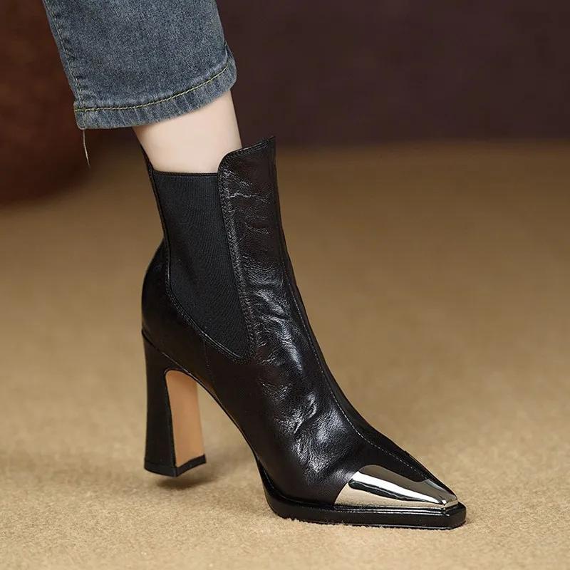 Shoes Women Lace Up Genuine Leather High Heel Pumps Female Low Top Metal Pointed Toe Wedding Party Ankle Boots Casual Shoes