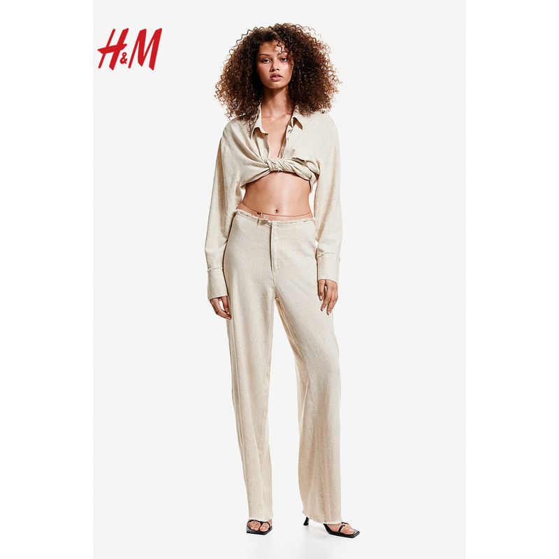 HM Women's Clothes Casual Pants Fall Straight-leg Loose Raw Hem Back Pocket Linen Blend Casual Pants 1224449