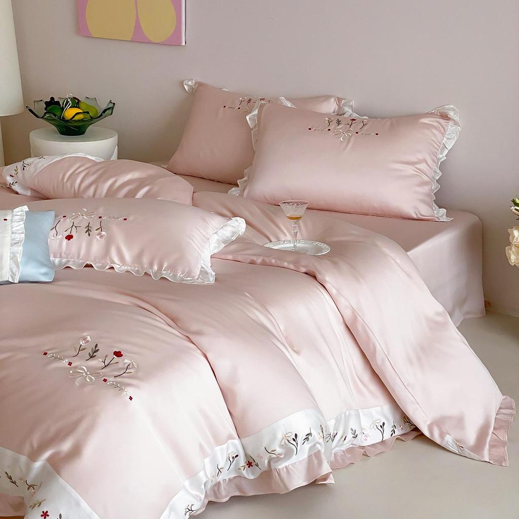 Light Luxury Heart Embroidered 60S Tencel Duvet Set - Soft Cooling Ice Silk Bedding