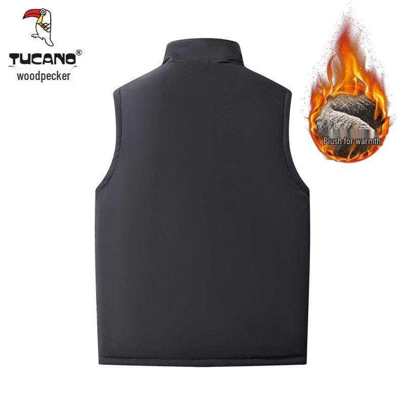Woodpecker Men's Plus Velvet Thickened Cotton Vest – Autumn/Winter Sleeveless Workwear Fishing Gilet