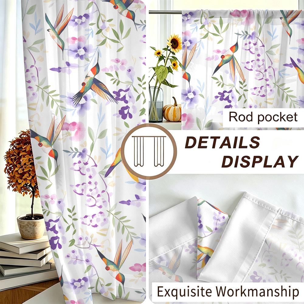 2Pcs Rod Pocket Curtain Light Block Privacy Drape Living Bedroom Hummingbird Floral Print Window Curtain For Home Decor