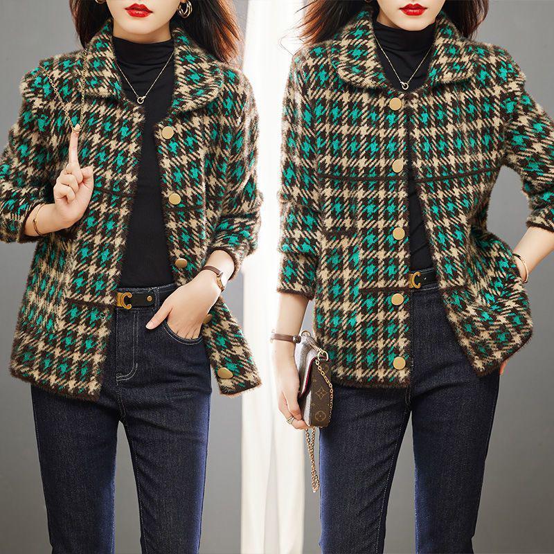 Women's Korean-Style Plaid Wool Jacket - Loose Short Fit, Trendy Autumn/Winter 2025 Collection