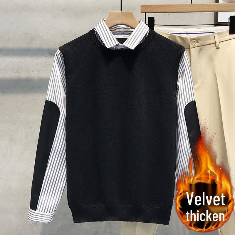 Men's Fake Two-Piece Sweater with Shirt Collar: 2025 Spring/Autumn Patchwork Knitwear Trendy Jacket