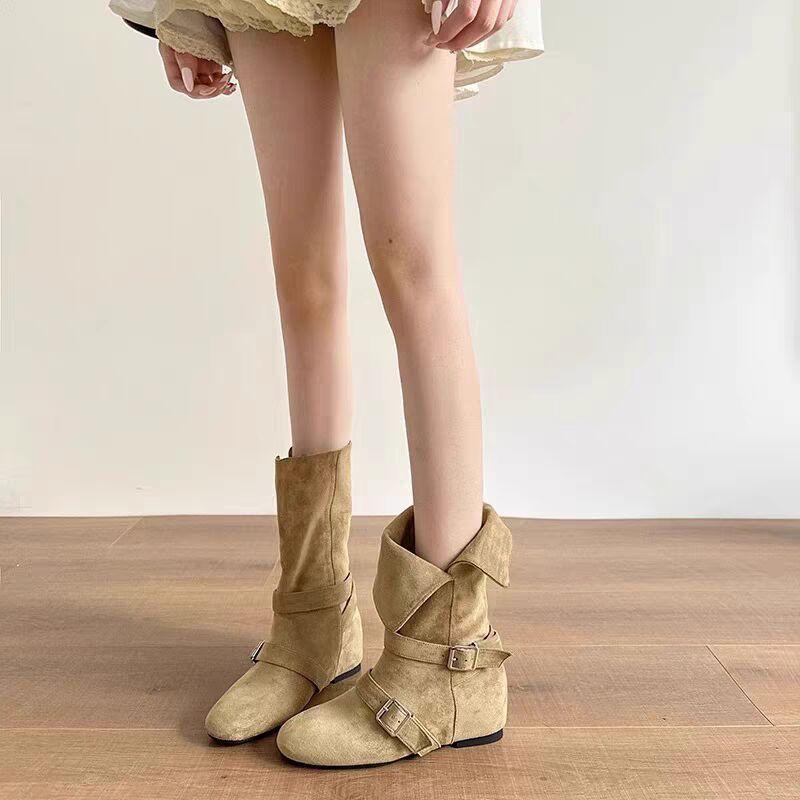 

Vintage Fold Western Cowboy Boots Women s Autumn Small Man Inner Heightening Martin Boots Short Pile Boots Fashion Boots 40 хаки