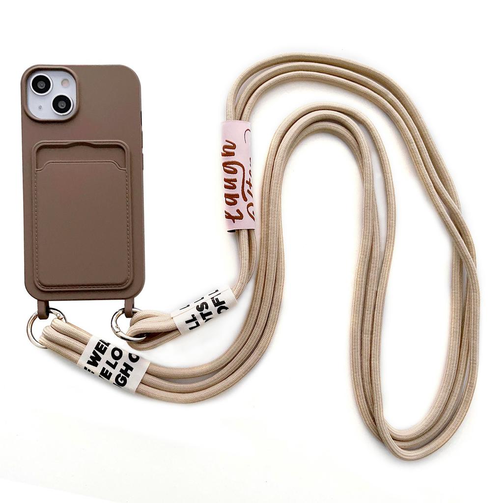 For iPhone 14 Soft Liquid Silicone Phone Case Card Slot Slim Protective Back Cover with Lanyard Strap