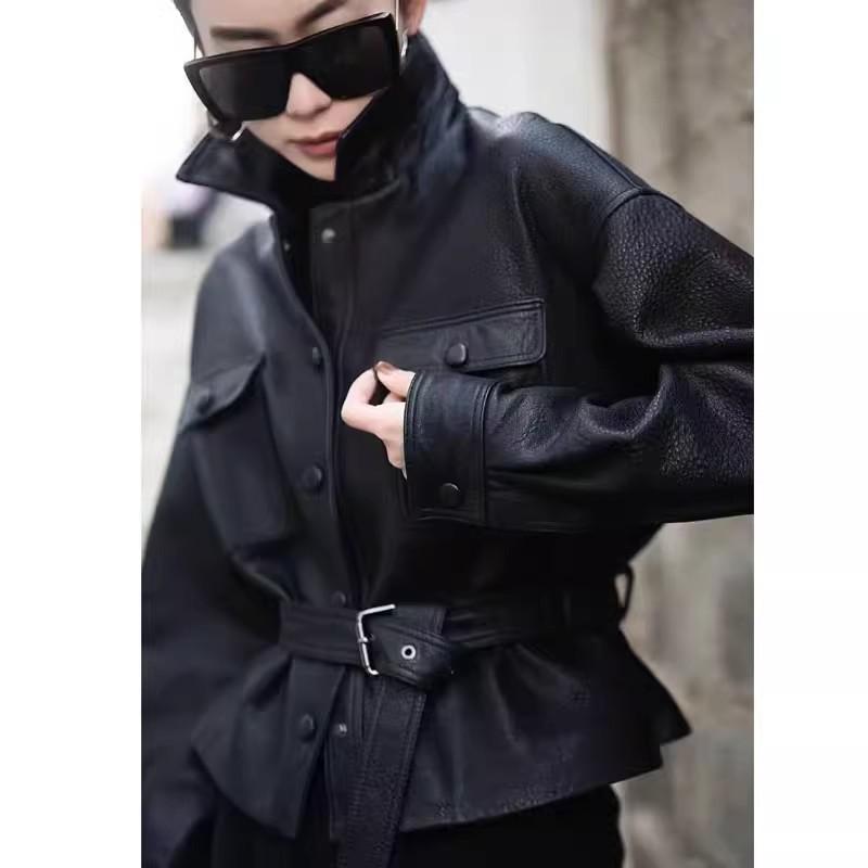 

Haining 2026 Black Genuine Goatskin Leather Short Lapel Jacket L up to 72.5 kg чорний