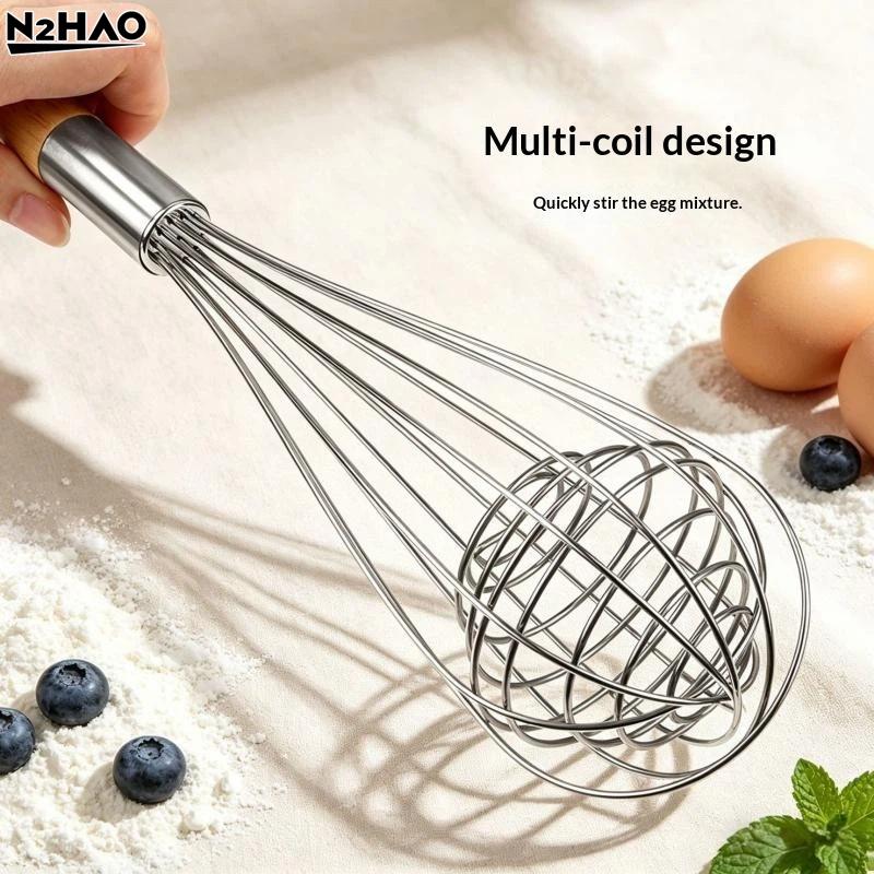 1PCS Stainless Steel Eggbeater Cream Mixer Spin Stirrer Egg Whisk Manual Wood Handle Knead Dough Rotary Eggbeater Stiring Stick