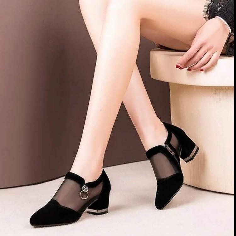 Sandale cu toc gros din plasă cu fermoar lateral - Design decupat pentru femei, Toc mediu, Mărimi mari, Modă toamnă 2022.