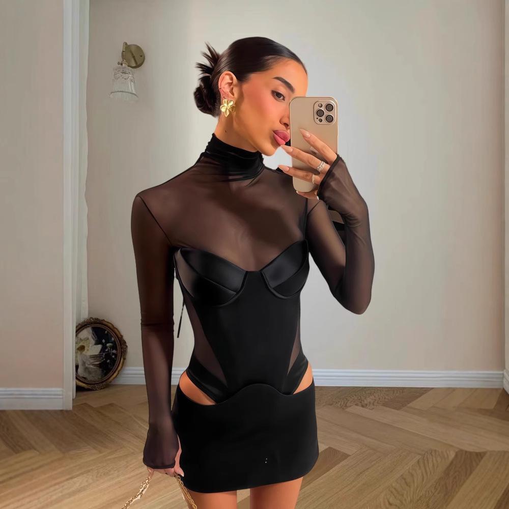 Elegant Solid Color Mesh Mini Dress with Sexy Cutout Waist and Low-Cut Long Sleeves for Spring 2025