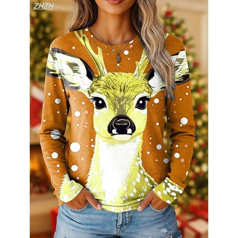 Women's Vintage Reindeer Print Long Sleeve, Christmas Party Crew Neck, Holiday Gift Top, Fall Winter Festive Style