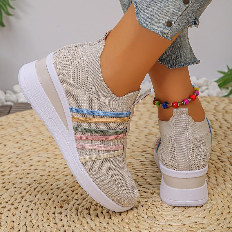Women's Wide Width Flyknit Wedge Slip-Ons - Breathable Casual Flats for Summer, Platform Comfort Shoes