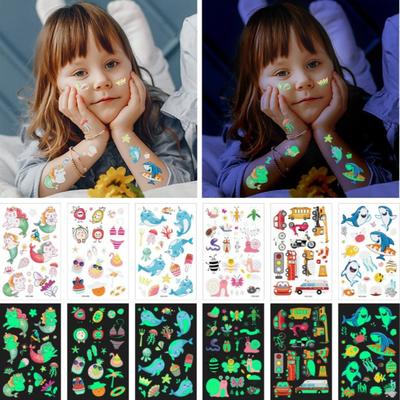 5/10 Feuilles Tatouages Lumineux Anime Autocollants Jouet Enfants Art Corporel Temporaire Faux Tatouages Imperméable Dessin Animé Licorne Animal Sirène