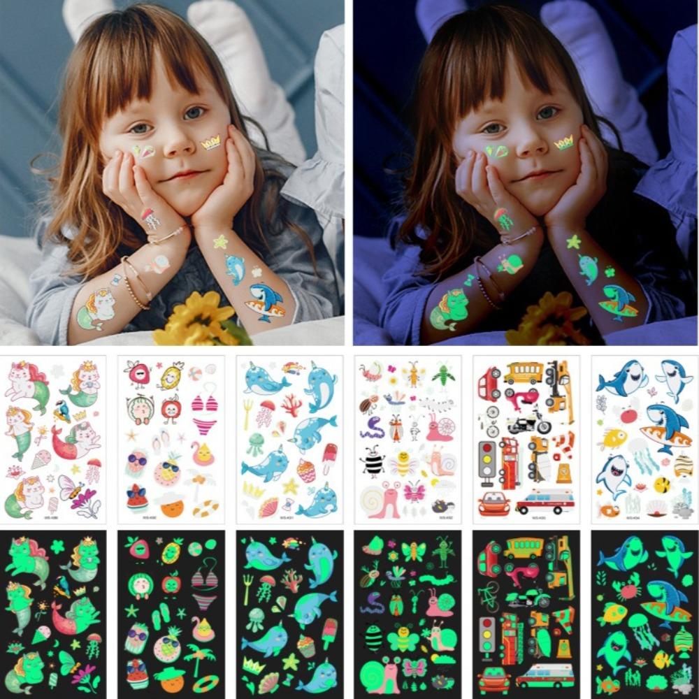 5/10Sheets Luminous Tattoo Anime Stickers Toy Children Body Art Temporary Fake Tattoos Waterproof Cartoon Unicorn Animal Mermaid