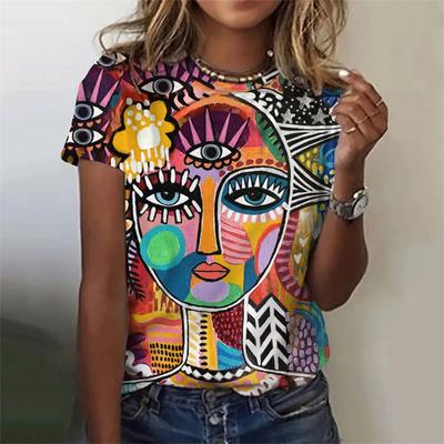 Abstraktes Damen-T-Shirt mit 3D-Abstraktionsgesicht, bedruckt, lässig, Harajuku, Rundhalsausschnitt, kurzärmelig, Sommer, lockeres T-Shirt für Frauen