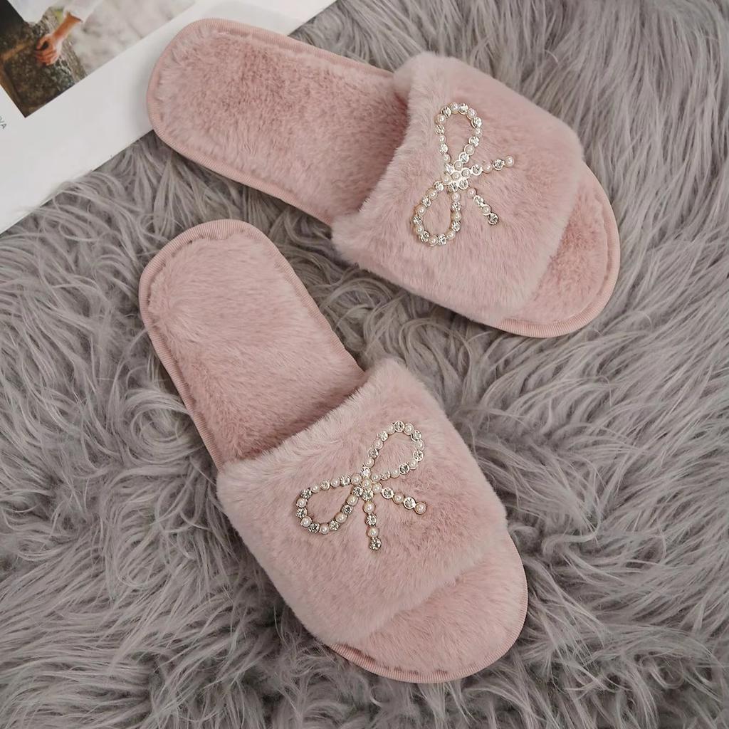 Lovely Fashion Slippers Female Slides Daily Flat Low Heels Shoes Woman Bright Diamond Butterfly-knot Winter Shoes Plus Size