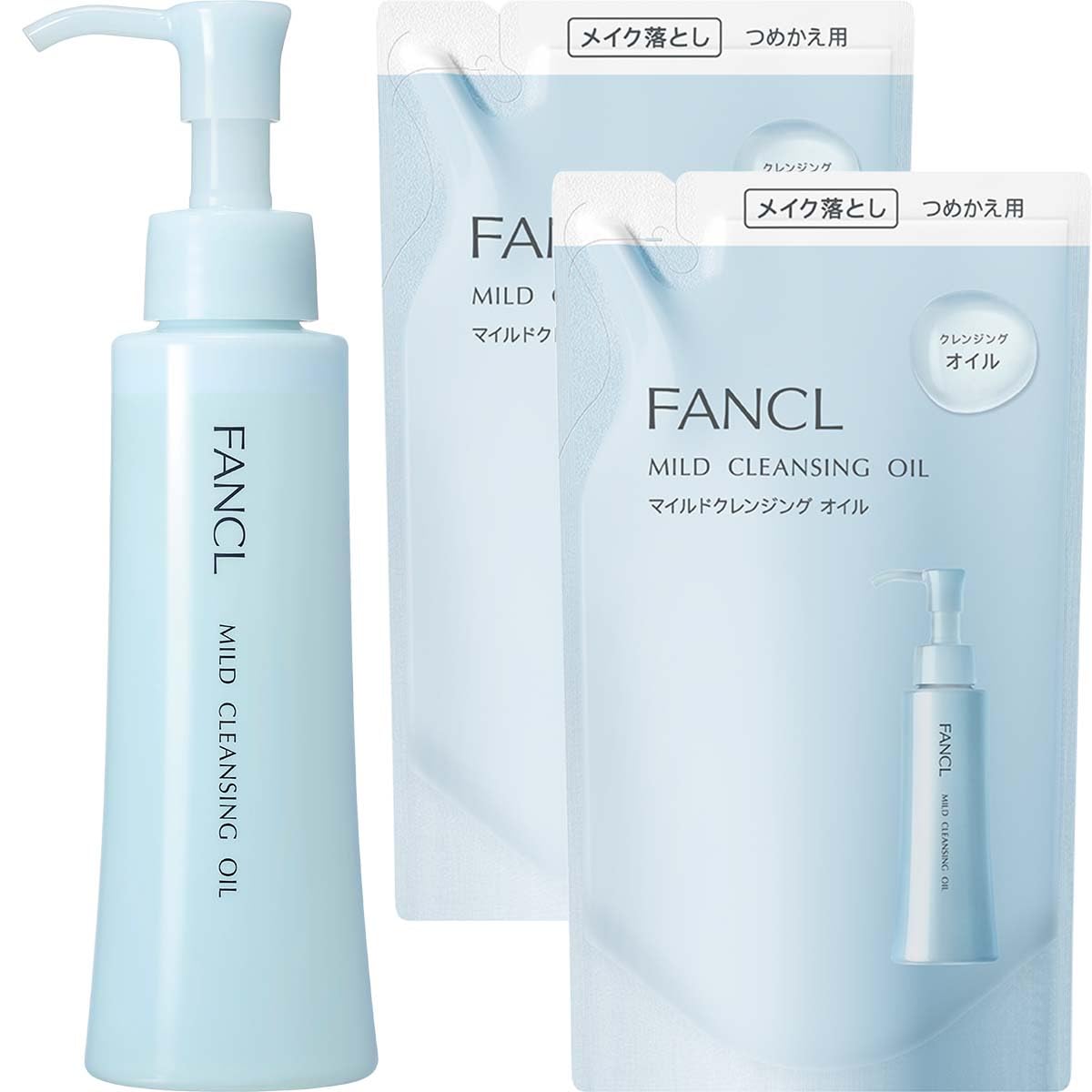 FANCL Mild Cleansing Oil 120mL (1 bottle) + Refill (2 pouches) - Cleansing, Makeup Remover, Removes Blackheads and Clogged Pores, Suitable for Eyelash
