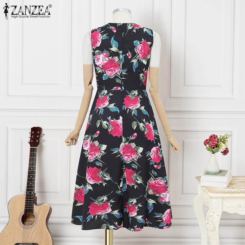 ZANZEA Women Summer Round Neck Casual Floral Print Sleeveless Dress