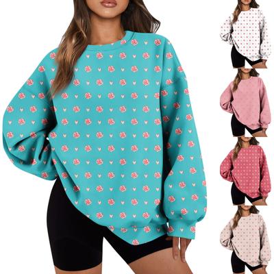 Women's Casual Print Round Neck Loose Long Sleeve Sweatshirt Top With Pocket