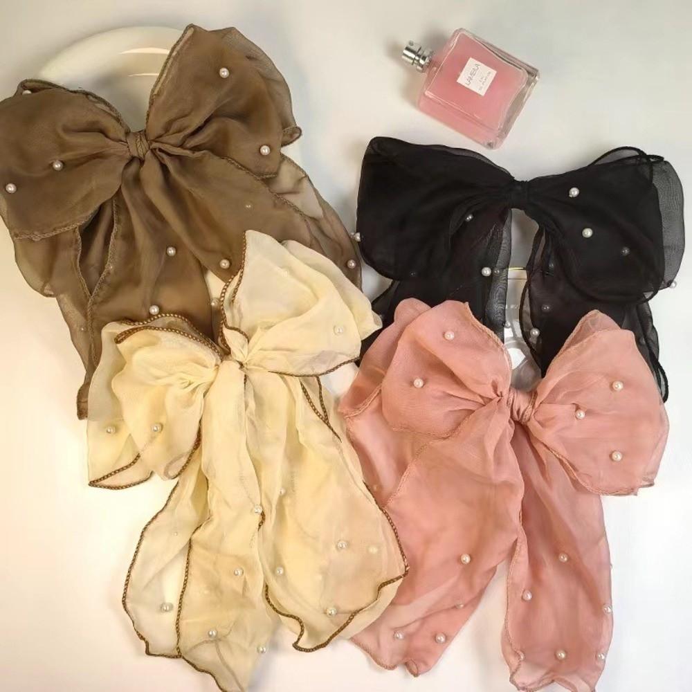 Pearl Decor Bow Hair Clip Sweet Ponytail Holder Fairy Style Sheer Organza Spring Clip Party