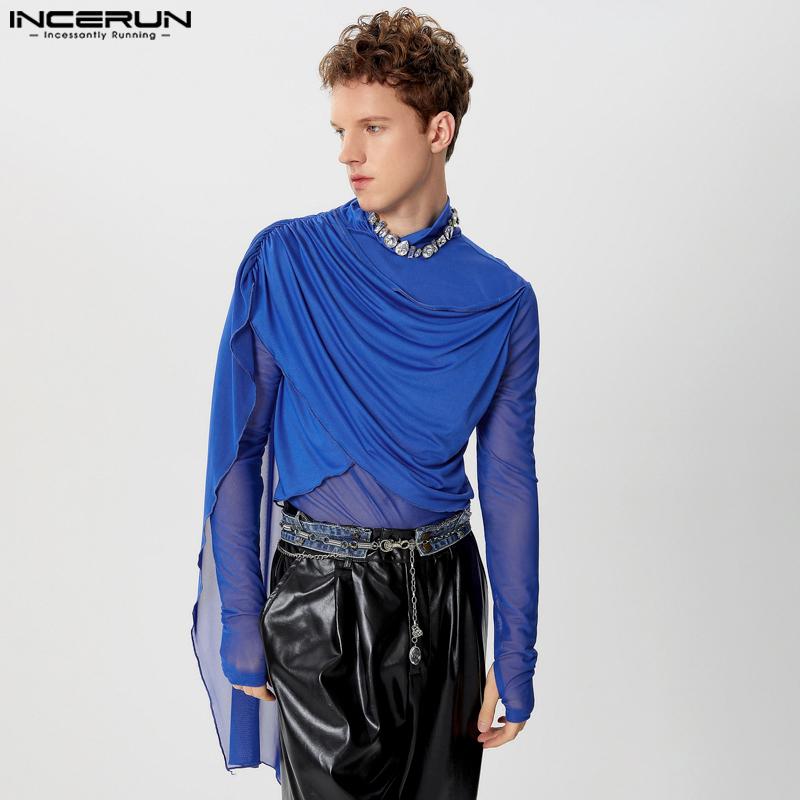 INCERUN Men Ruffled High Neck Patchwork Front Cross Fitted Tops Mesh Sheer Irregular T-shirts
