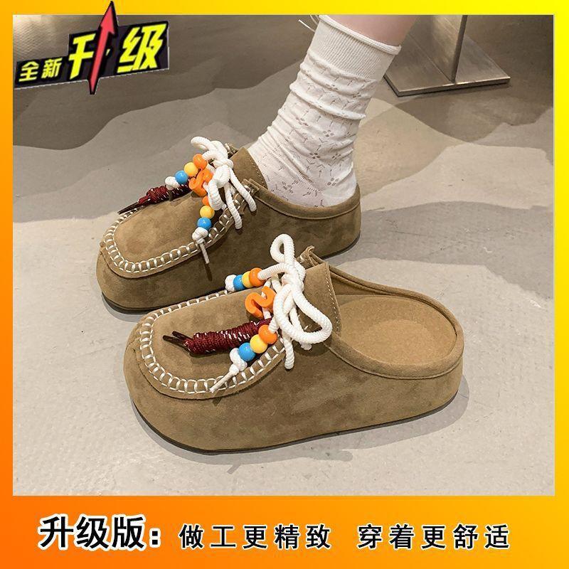 Niche design sense lace-up Birkenstock slippers women's fashion and comfort retro thick-soled half slippers women's 2025 spring and autumn new models