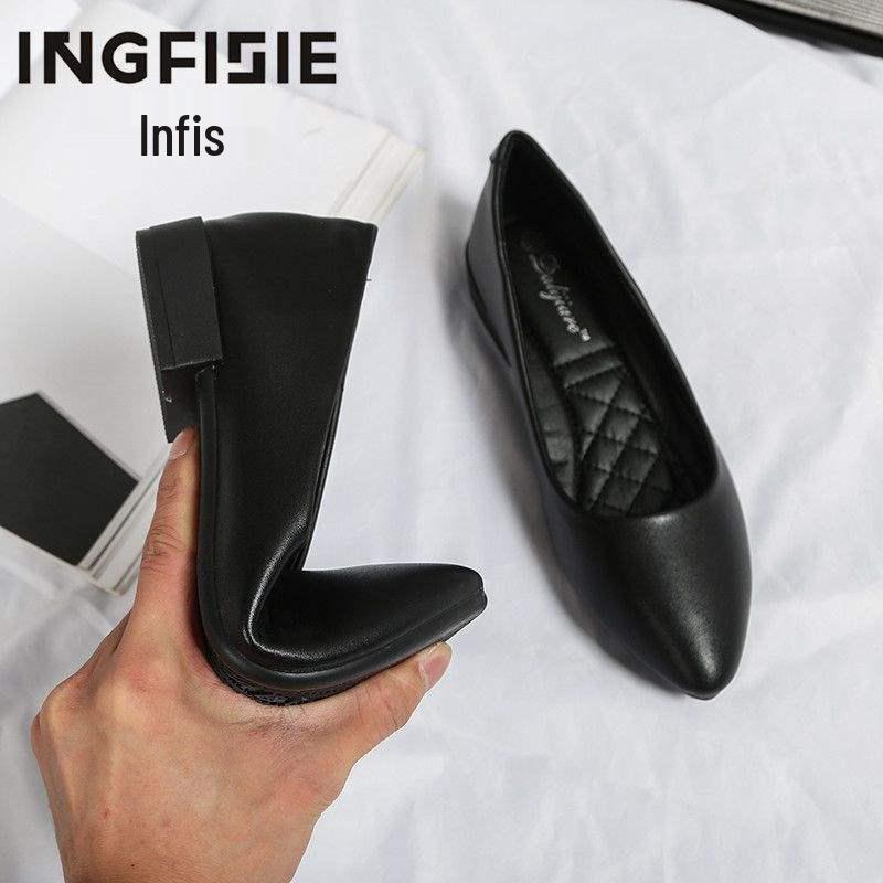 

Черные профессиональные женские туфли-балетки из мягкой кожи с острым носком и толстым каблуком 38 (Wide feet, order one size up)