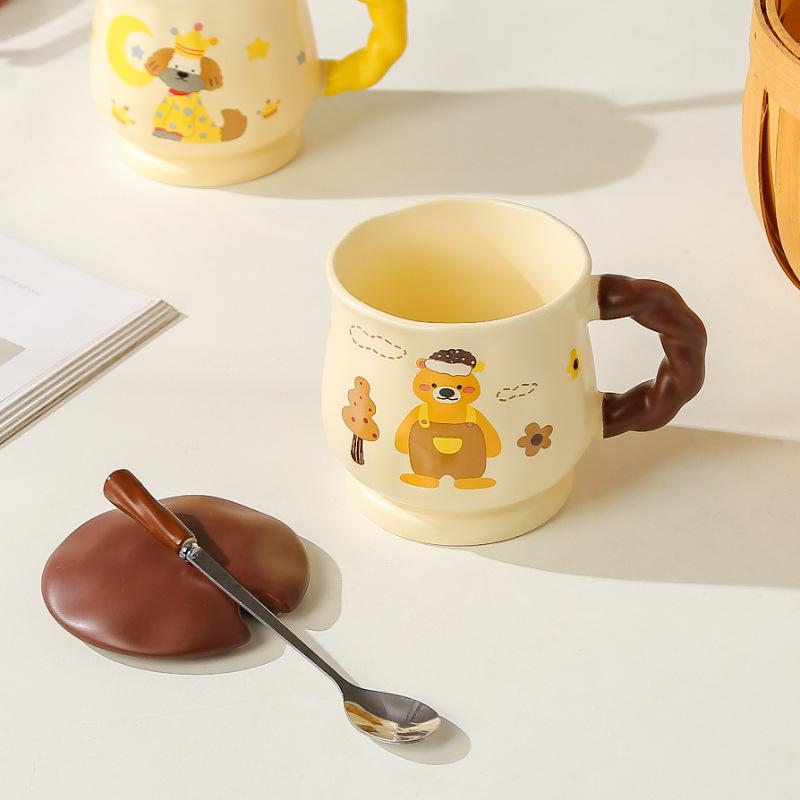 Cartoon Animal Mug Cute Ceramic Breakfast Cup with Lid Spoon Children Cute Fun Household Drinking Cup Souvenir Gift Cup