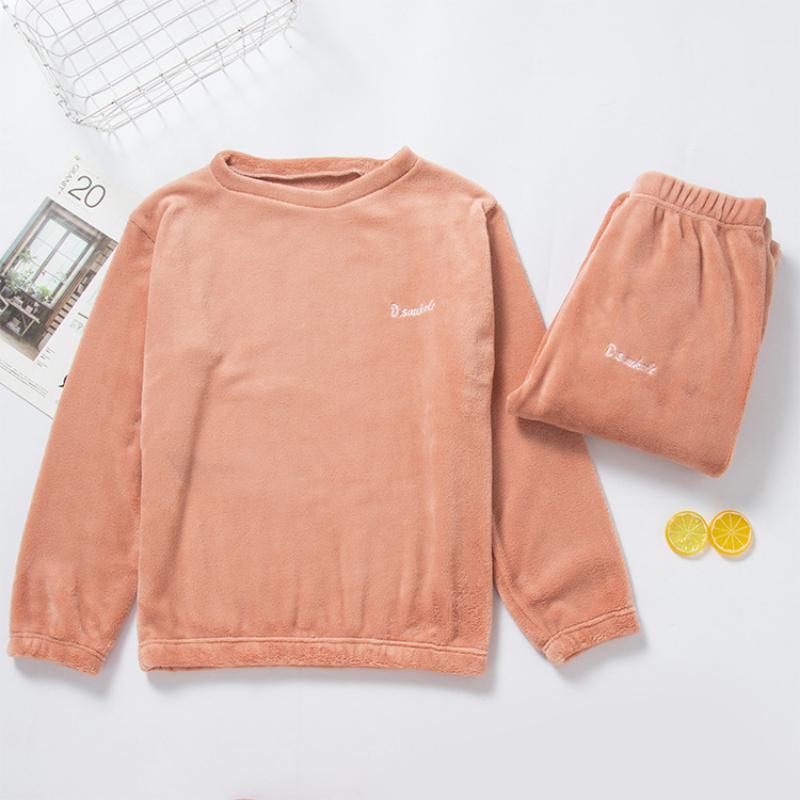 Thickened Coral Fleece Pajamas Women Korean Solid Classic Basic Winter Warm Clothing Casual Loose Homewear Chic
