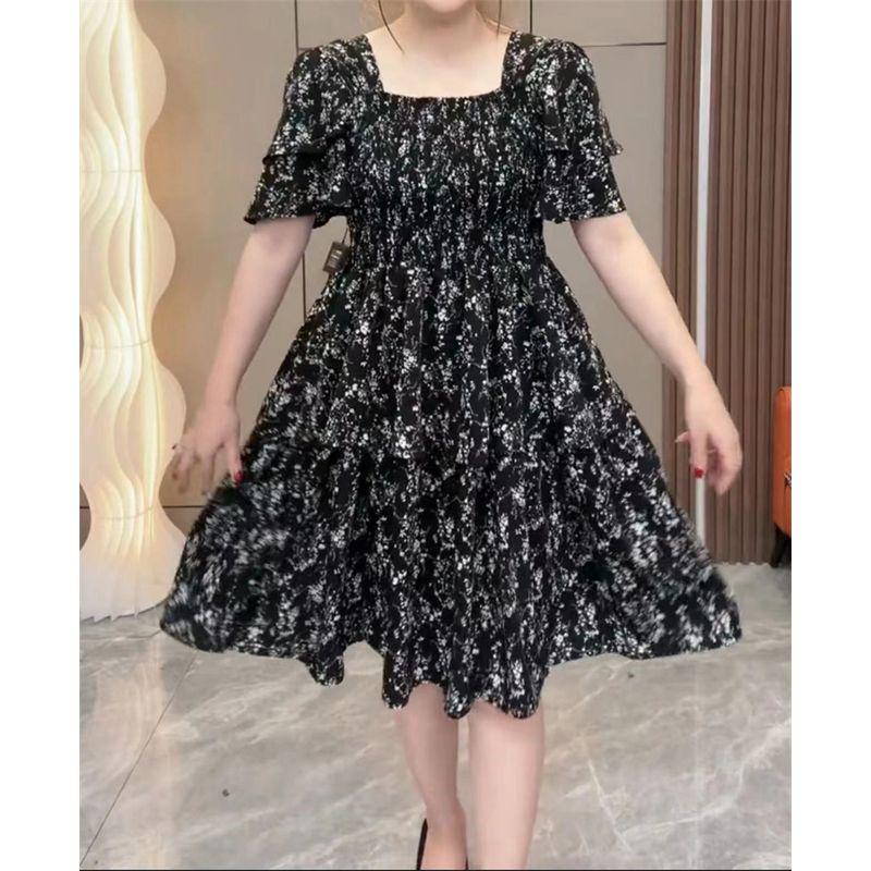 

Plus Size Ladies Temperament Square Collar Summer Clothing Lightly Mature Chiffon Dress Floral Skirt 2XL