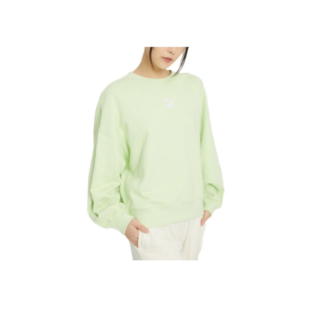 Puma Solid Color Crew Neck Logo Print Pullover Sweatshirt Women Tops Light-Fluorescent-Green 673570-32