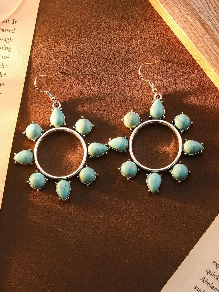 Earrings Bohemian Ethnic Style Earrings Diamond Turquoise Hollow Earrings Women'S Retro Versatile Earrings