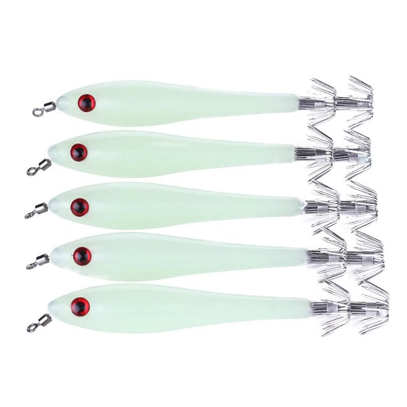 HENGJIA 5pcs Glow-in-the-Dark Squid Jig 9.5cm 6g Sea Fishing Trolling Lure Soft Bait